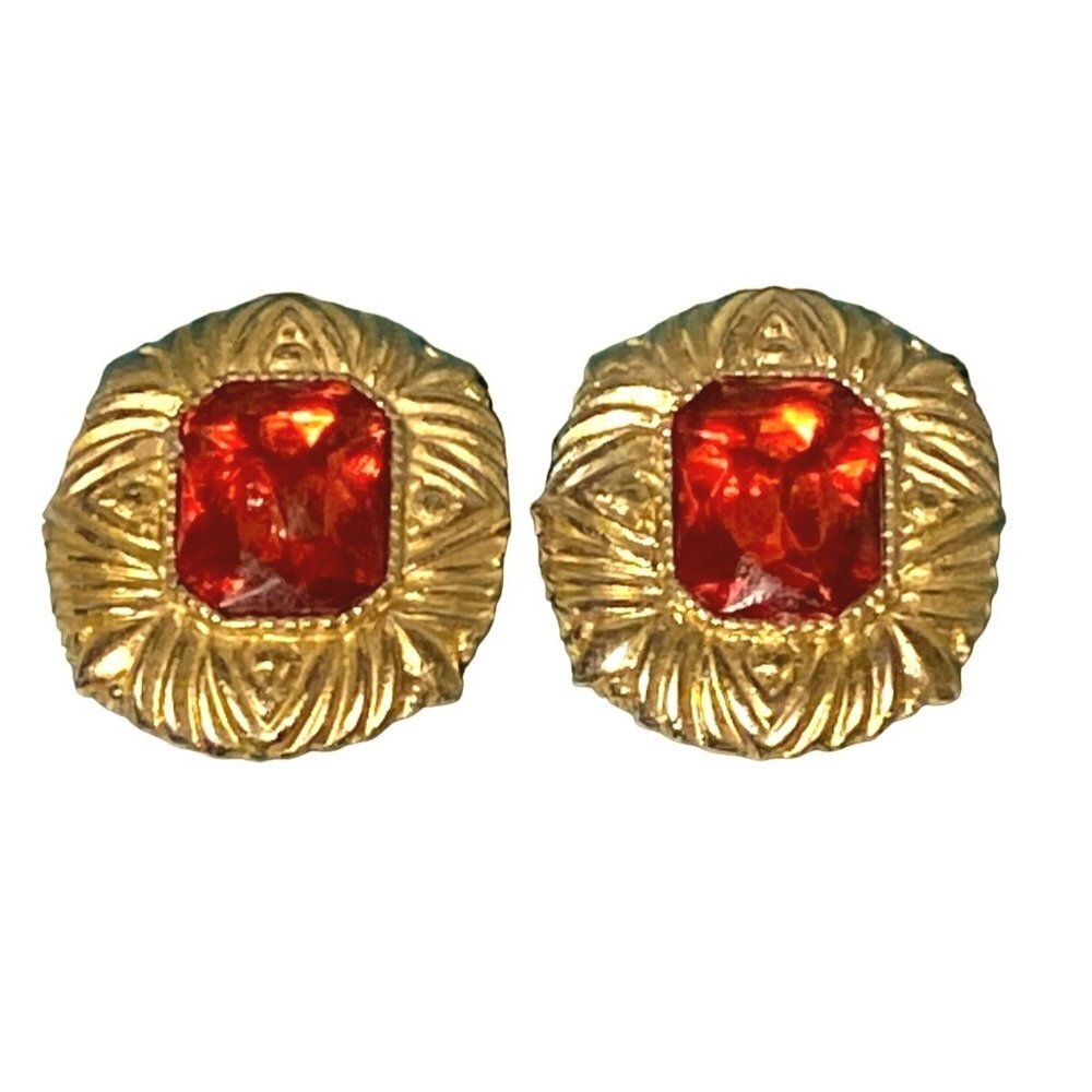 Vintage gold tone and faux red ruby‎ clip on earrings women OS